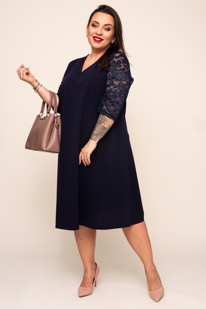 Navy blue Dress with lace sleeves