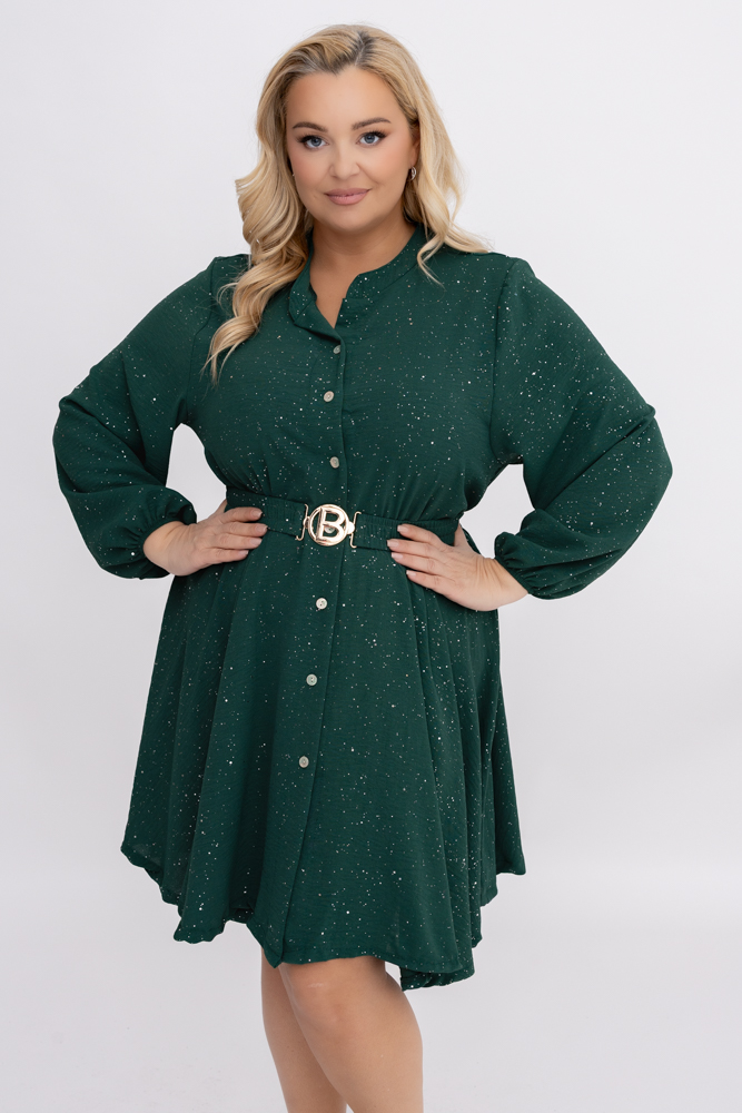 Butelkowozielona błyszcząca Sukienka z paskiem