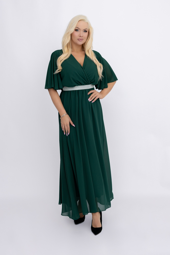 Butelkowozielona Sukienka szyfonowa z paskiem