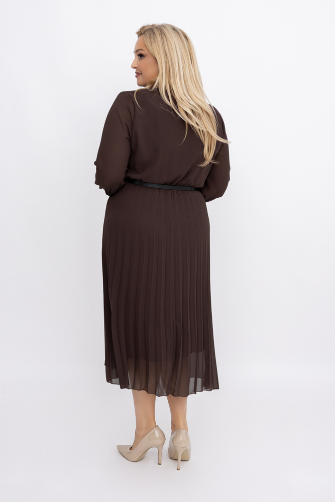 Chocolate pleated chiffon dress with belt