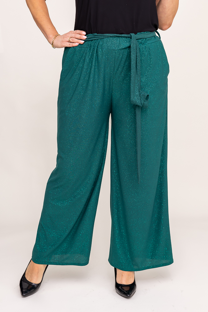 Pantaloni culotte din brocart verde sticlă
