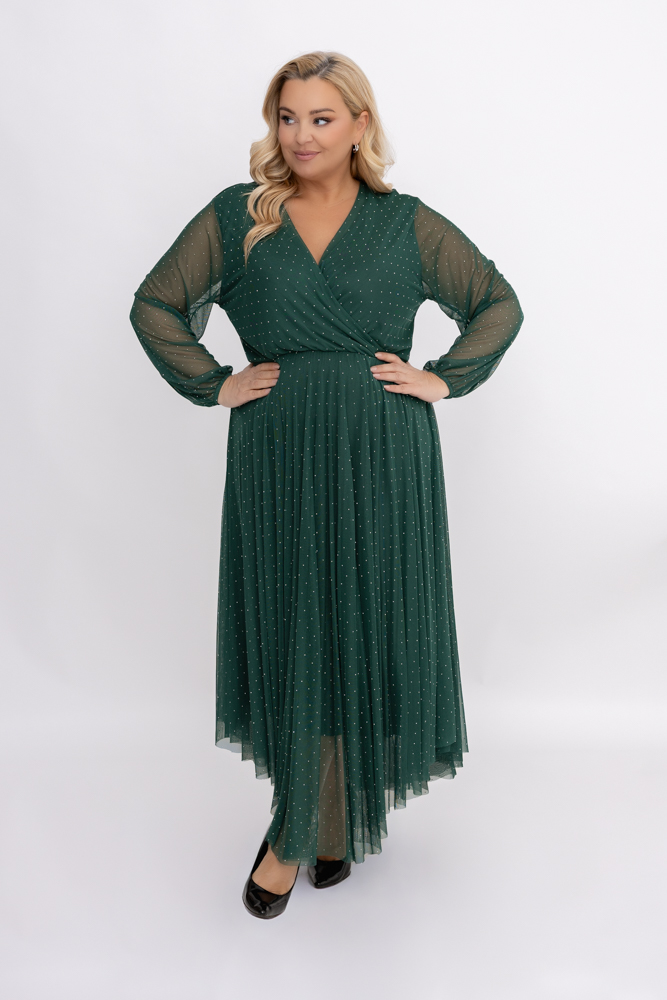 Butelkowozielona Sukienka siateczkowa z dżetami