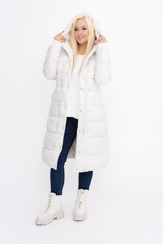  Śmietanowy pikowany Płaszcz puchowy z kapturem