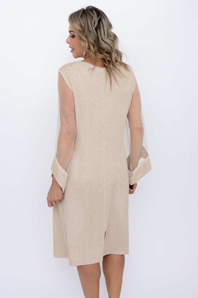 Rochie bej deschis Glitter cu mâneci transparente 